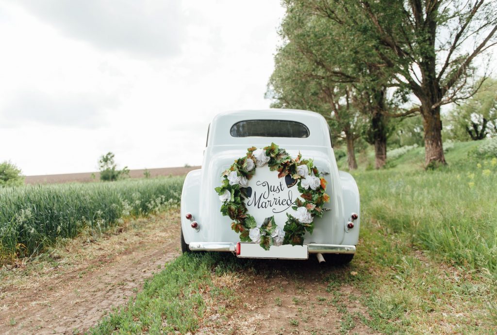 Beautiful wedding car with plate JUST MARRIED.